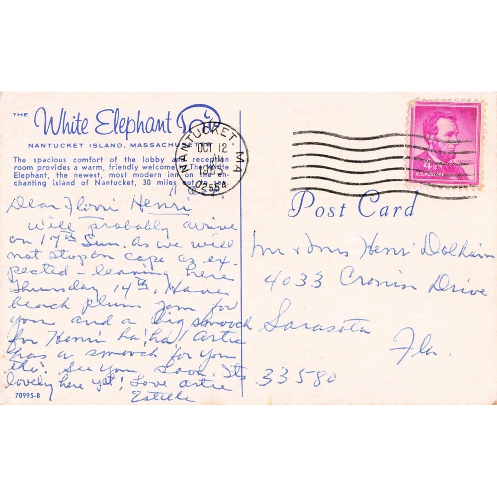 Vintage White Elephant Nantucket Island MA Postcard Hotel Lobby 1965 Postmark - Picture 2 of 2